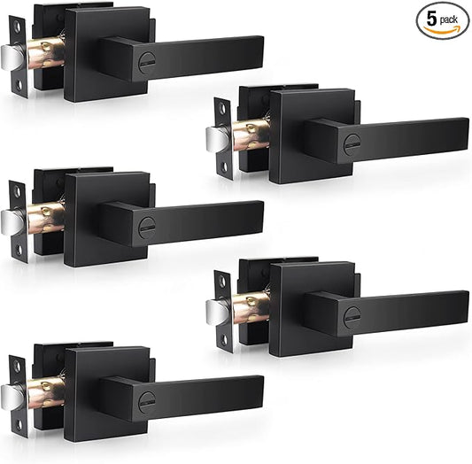 Probrico 5 Pack| Square Privay Levers for Bed and Bath in Matte Black Finish, Heavy Duty Interior Locksets Keyless Leversets, Reversible for Right & Left Sided Doors