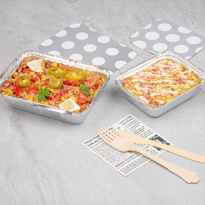 Restaurantware 16 Ounce Disposable Takeout Containers 50 Rectangle Food Containers - With Polka Dot Lids Silver Takeaway Containers Aluminum Delivery Containers Freezable