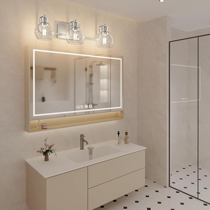 Tipace Brushed Nickel Modern Bathroom Vanity Light Fixtures Over Mirror Glass Globe 3 Lights Industrial Vanity Lights Farmhouse Bath Lighting(Exclude Bulb)