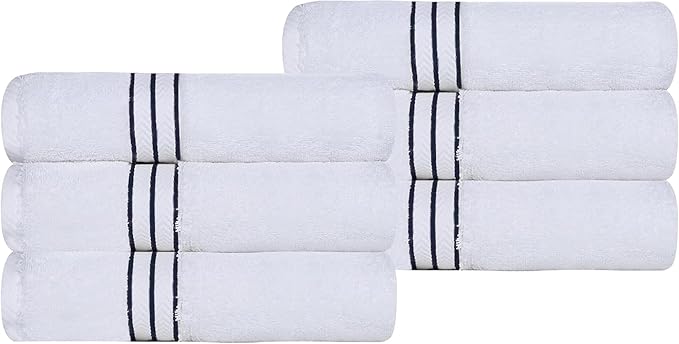 Superior Hotel Turkish Cotton 6 Piece Hand Towel Set, Ultra Plush Spa Quality Heavyweight Essentials for Vanity, Thick Absorbent and Soft, Dobby Border, Includes 6 Hand Towels, Navy Blue