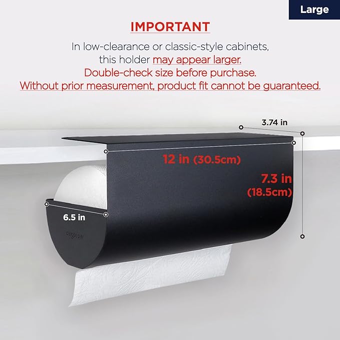 Paper Towel Holder - Under Cabinet, No-Drill Self-Adhesive Hanging Rack, Easy Tear, Space-Saving Sleek Metal Kitchen Roll Dispenser, Wall-Mount Look, Kitchen Storage & Organization - Black