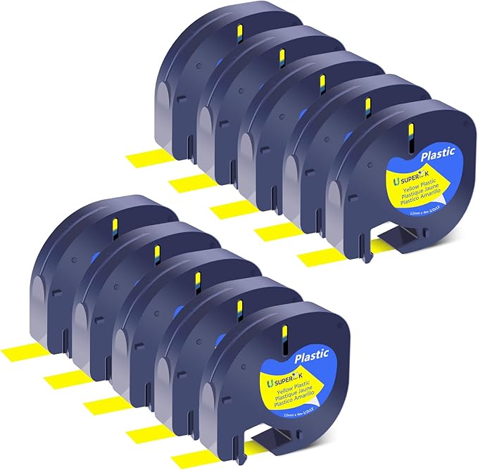 10PK Compatible for Dymo LetraTag Refills 91202 91222 91332 59423 S0721620 Yellow Plastic Label Tape 1/2'' 12mm x 4m for Letra Tag LT100H LT100T QX50 Label Maker Black on Yellow Tape