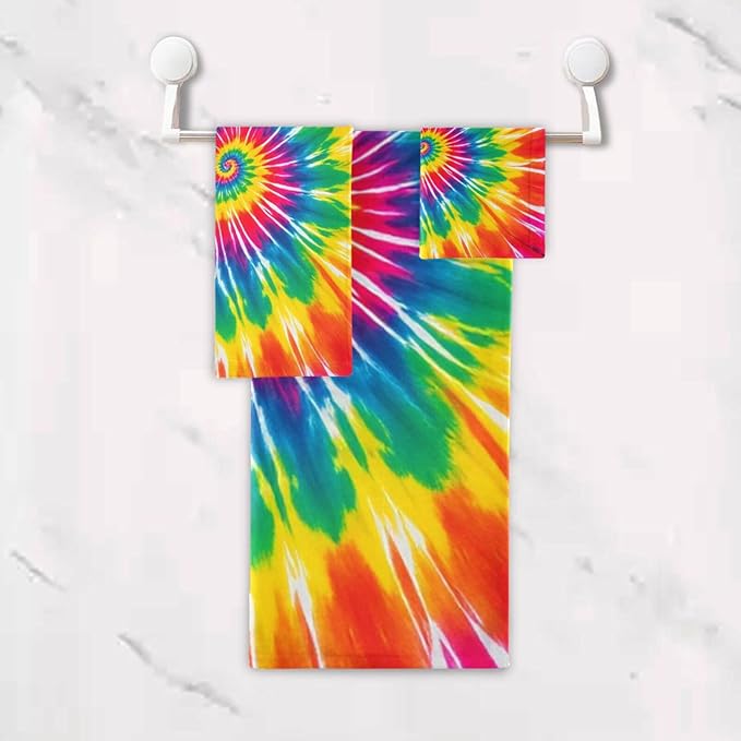 Tie Dye Towels Set of 3 Rainbow Hippie Colors Bathroom Towel Soft Absorbent Chic Abstract Swirl Bath Hand Towels Washcloth Guest Towel Sets Bathroom Decorations