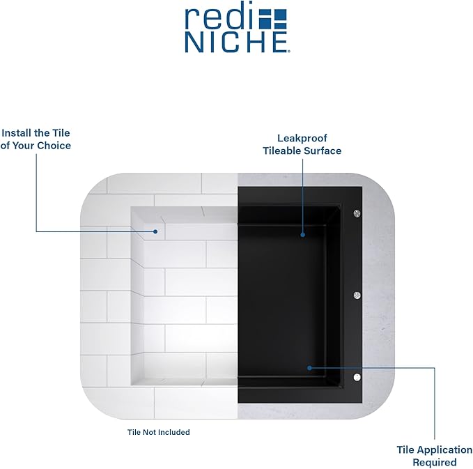 Tile Redi USA Niche Single Recessed Shower Shelf – Black, One Inner Shelf, 16-Inch Width x 14-Inch Height x 4-Inch Depth (620)