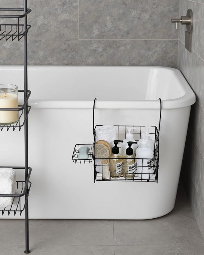 Large Rustproof Shower Caddy Hanging, 304 Stainless Steel Hanging Shower Organizer Basket for Bathroom & Bathtub, Over the Rod Shower Rack for Shampoo, Conditioner, Soap & Bath Accessories