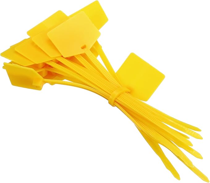 MECCANIXITY 100Pcs 4.7 Inch Waterproof Shipping Tags 0.12" Nylon Writable Hanging Tags Self Locking Labels Zip Tie Wraps for Indoor and Outdoor, Yellow