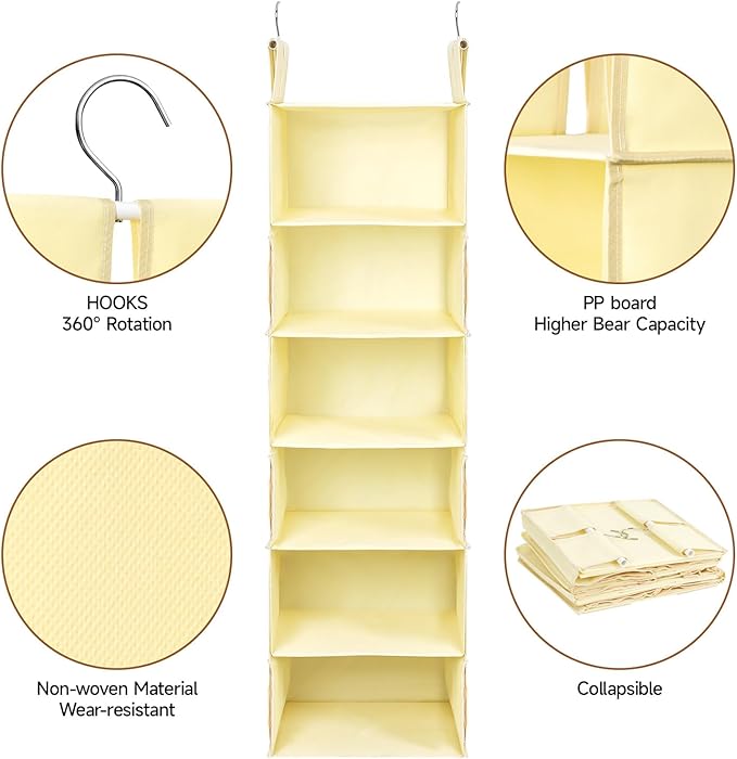 Posprica Interchangeable Hanging Closet Organizer – 6 Slim Tiers or 3 Spacious Compartments, Foldable Dual-Sided Fabric Shelf for Wardrobe, RV, Dorm(Beige)