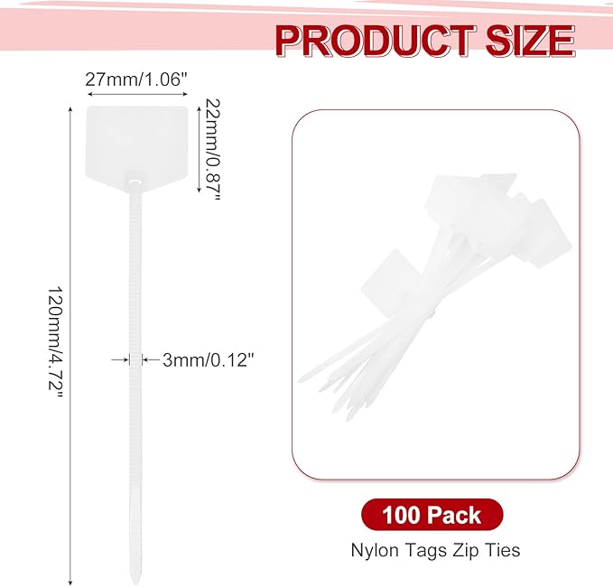 MECCANIXITY 100Pcs 4.7 Inch Waterproof Shipping Tags 0.12" Nylon Writable Hanging Tags Self Locking Labels Zip Tie Wraps for Indoor and Outdoor, White