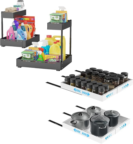 Insputer 2 Pack Under Sink Organizer with 2 Pack Pull Out Cabinet Organizer Expandable Width(12.2"-20.47") & 21" Deep
