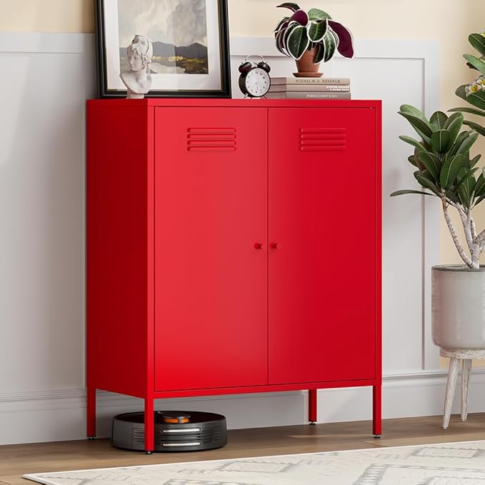 Red Metal Locker Storage Accent Cabinets with 2 Adjustable Shelves, 3 Tier Metal Storage Cabinet with Legs, Steel Cupboard Lockers for Kids Bedroom, Home, Office, Entryway, Kitchen