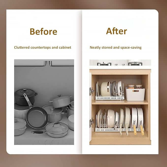 Expandable Pots and Pans Organizer Rack, Pot Lids Cutting Boards Kitchen Cabinet Organizer Holder with 7 Adjustable Compartments, Cookware Bakeware Rack for Kitchen Cabinet Countertop Storage, White