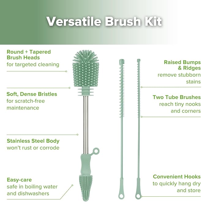 Silicone Cleaning Brush Kit - Baby Bottle Brush Cleaner for Breast Pump,Nipple,Breast Milk Storage Bag,Reusable Straw,Sippy Cup - Food Grade Silicone Bristles, Portable - 3 Pcs - Pea Green