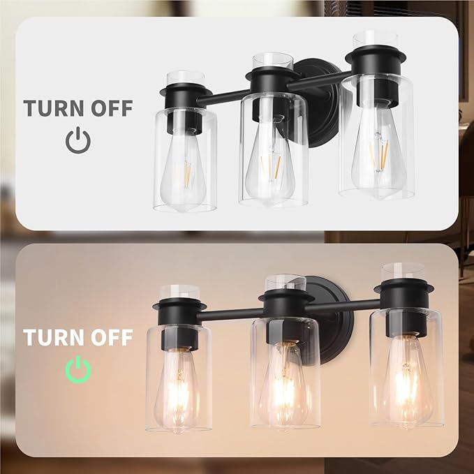 3-Light Bathroom Vanity Light Fixture over Mirror, Matte Black Modern Wall Sconces, Clear Glass Shade & Rustproof Design for Bathroom, Bedroom, Hallway Lighting, E26 Base (Bulbs Not Included)