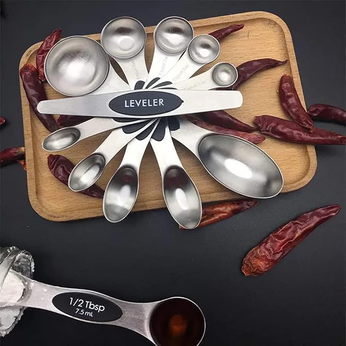 Set of 7 Stainless Steel Magnetic Measuring Spoons Set with Leveler - Stackable Tablespoon Measure Spoon for Baking and Cooking, Kitchen Gadgets for Apartment Essentials (Black)