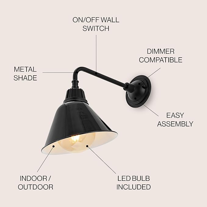 JONATHAN Y JYL7612B Croydon 9.63" 1-Light Farmhouse Industrial Indoor/Outdoor Iron LED Gooseneck Arm Outdoor Sconce Metal Bell Shade Vintage Cottage Rustic Porch Patio Yard Barn, Black