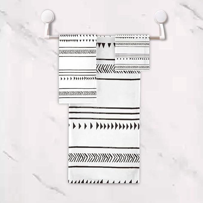 3 Piece Black and White Boho Bath Towels Set,Microfiber Absorbent Geometric Chic Triangle Minimalist Towels for Bathroom,1 Bath Towel,1 Hand Towel,1 Washcloth,Decorative Bathroom Towels
