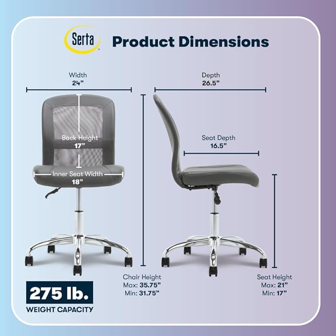 Serta Essential Armless Task Chair, Small Desk Chairs with Wheels, Breathable Mesh Back and Faux Leather, Quality Foam Cushion Seat for Comfort, Minimal Design for Vanity Table, Gray
