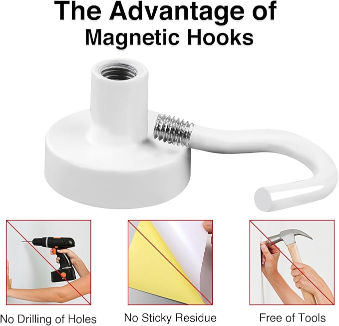 MIKEDE Strong Magnetic Hooks Heavy Duty, 30LB Rare Earth Neodymium Magnets with Hooks for Hanging, Strong Cruise Hooks for Kitchen, Home, Workplace, Office and Garage - (White, 6 Pack)