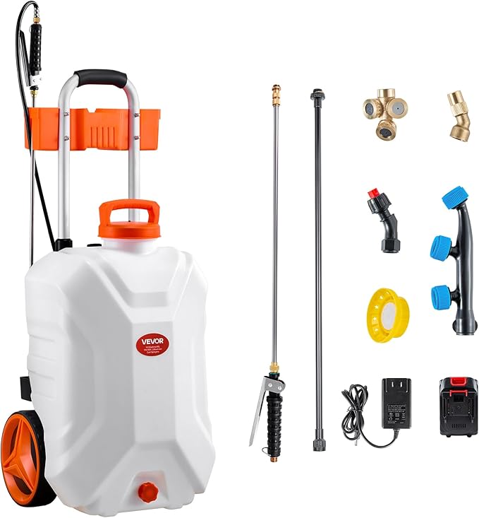Battery-Powered Sprayer with Wheeled Cart, 10 Gallons Electric Weed Sprayer, Adjustable 0-80 PSI, Yard Lawn Sprayers with Wheels, 5 Nozzles & 98ft Hose, 3-6H Spray Time, for Weeding, Cleaning