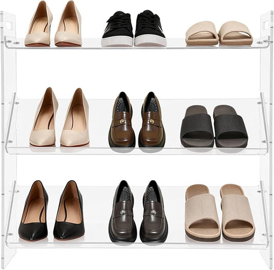 3-Tier Acrylic Shoe Rack, Shoe Organizer for Entryway Closet, Sturdy Display Shelf for Sneakers Boots, Space-Saving Storage Solution, 27.6" x 6.7" x 27.2" (Clear)