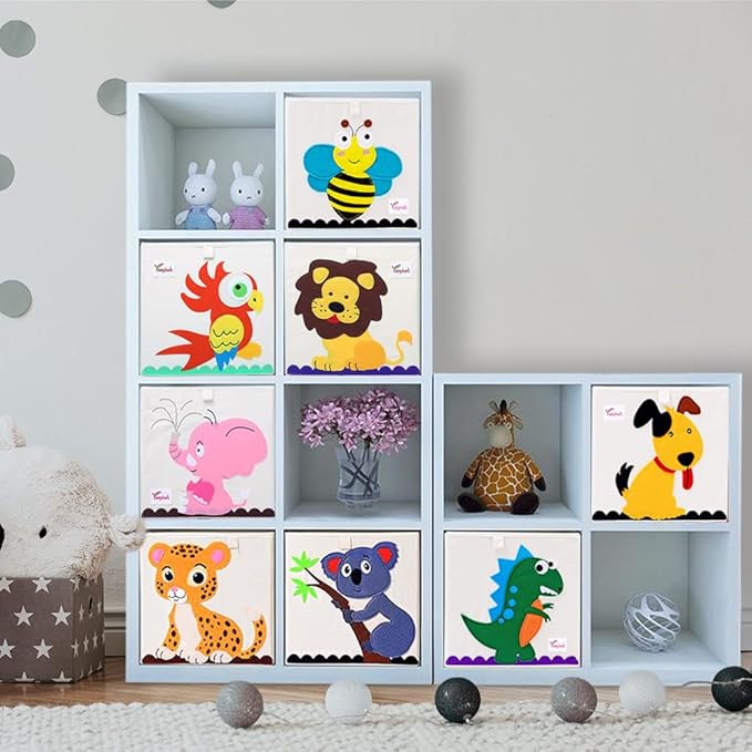2 Pcs Foldable Animal Toy Storage Box/Bin/Cube, Collapsible Storage Organizer Chest Basket Container for Boys and Girls(13 x 13 x 13 Inch, Dinosaur & Pink Elephant)