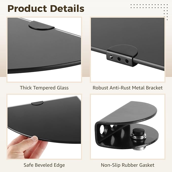 4 PCS Corner Glass Shower Caddy, Thick Tempered Glass Wall Mount Corner Shelves with Metal Brackets Screws, Space Saving Bathroom Organizer for Shampoo Toiletries Kitchen Living Room