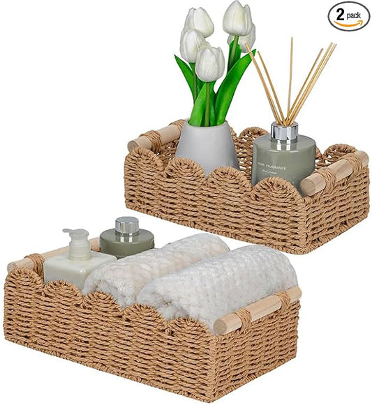 Khaki Scalloped Edge Rope Baskets with Wood Handle, Set of 2 – Neutral Decorative Storage Bins for Shelf, Closet, Nursery & Home Organization