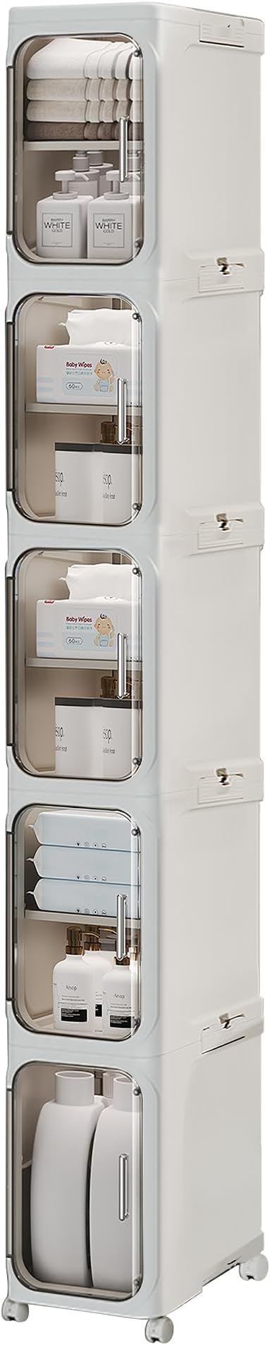 5-Tier Tall Narrow Storage Cabinet with Transparent Doors and Shelves,Plastic Slim Bathroom Organizer, Foldable Storage Cabinet for Small Space, Bathroom, Kitchen