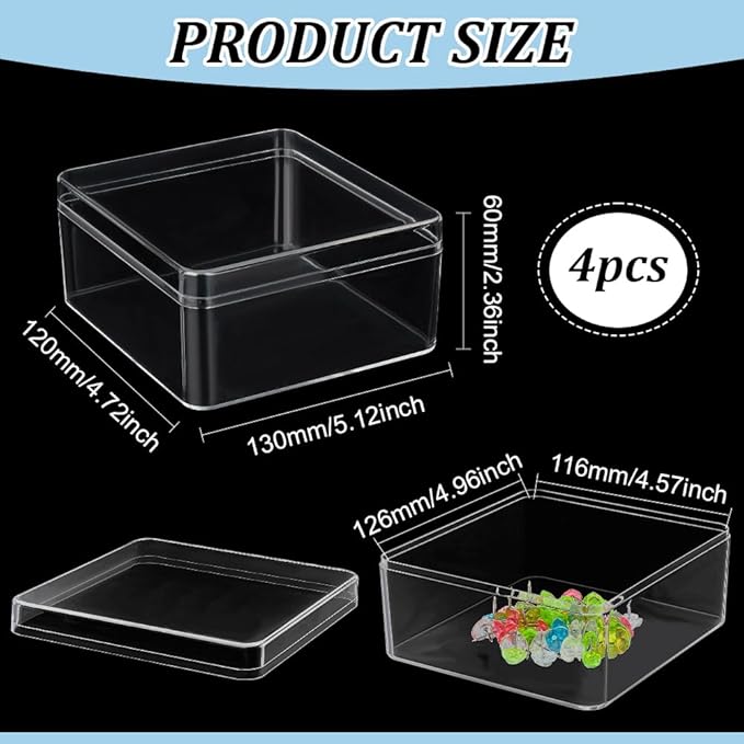 BENECREAT 4Pcs Acrylic Storage Boxes with Lids, 4.7x5x2.3inch Square Storage Containers Cube Storage Display Box for Wedding, Party, Treats, Jewelry Accessories