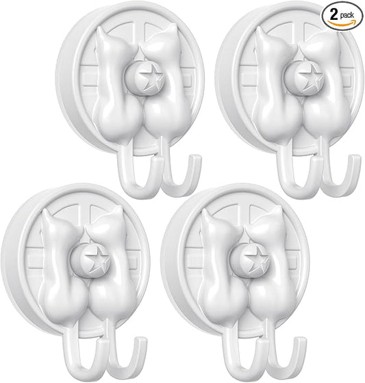AST Cute Double-Cat Suction Cup Hook, 4 Pack, Heavy Duty Hooks, Upgraded Reliable Force of Both Adhesion and Vacuum, Wall Holders for Loofah, Towel, Coat and Bath Robe, Waterproof Hanger, Matte White