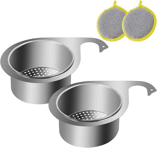 Swan Stainless Steel Sink Strainer Basket with Fast-Draining Side Drain, Includes 2 Double-Sided Scrubbing Sponges for Kitchen, Fruit, Vegetable & Food Waste Disposal (2 Pcs)