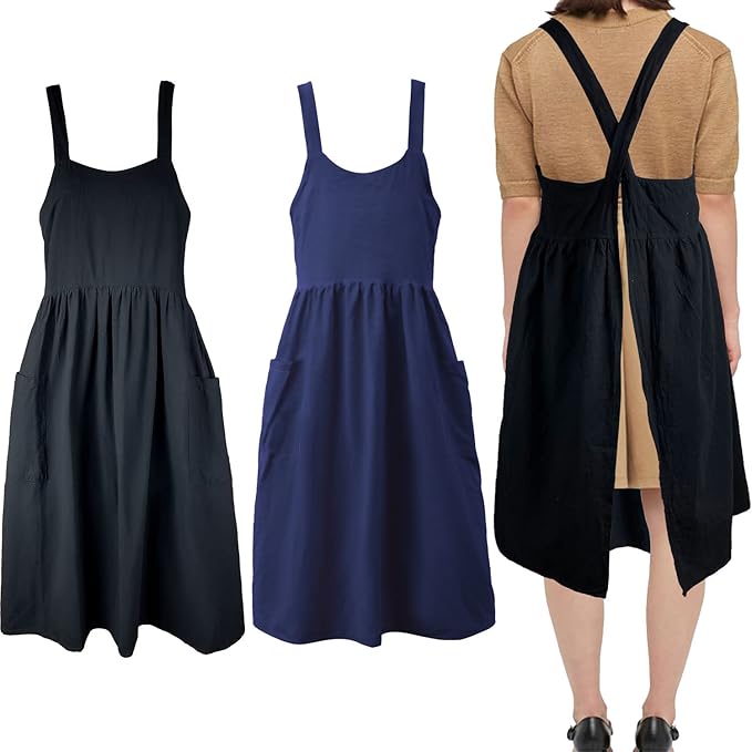 Uaussi Cotton Linen Apron Cross Back Work Apron for Women with Pockets Pinafore Dress X Cross Halter Apron for Chef Gardening