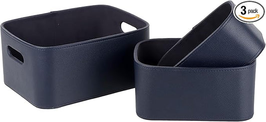 HofferRuffer Faux Leather Storage Baskets Bins with Velvet Lining for Organizing, Storage, Gifts, Set of 3 Nesting Shelf Baskets Decorative Storage Boxes for Home Organization (Blue)