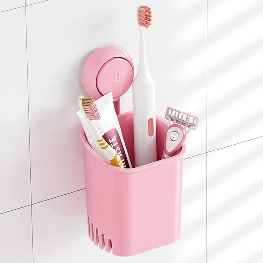TAILI Suction Toothbrush Holder for Shower Wall, Self-draining Shower Cup for Razor, Toothpaste, Kitchen Tableware. No Nail, No Glue, No Tool! Strong Suction Cup Toothbrush Holders for Bathroom, Pink
