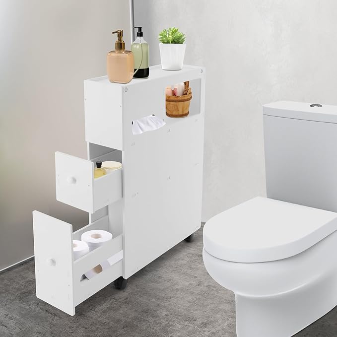Toilet Paper Holder Stand - Narrow Floor Storage Cabinet with Drawers for Small Bathrooms - White