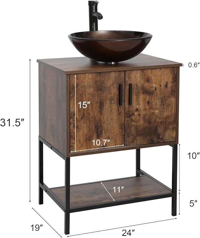 eclife 24" Bathroom Vanity Sink Combo Cabinet Modern Stand Pedestal Bronze Round Tempered Glass Vessel Sink & 1.5 GPM Water Save Faucet & Solid Brass Pop Up Drain (A09 B16BR)