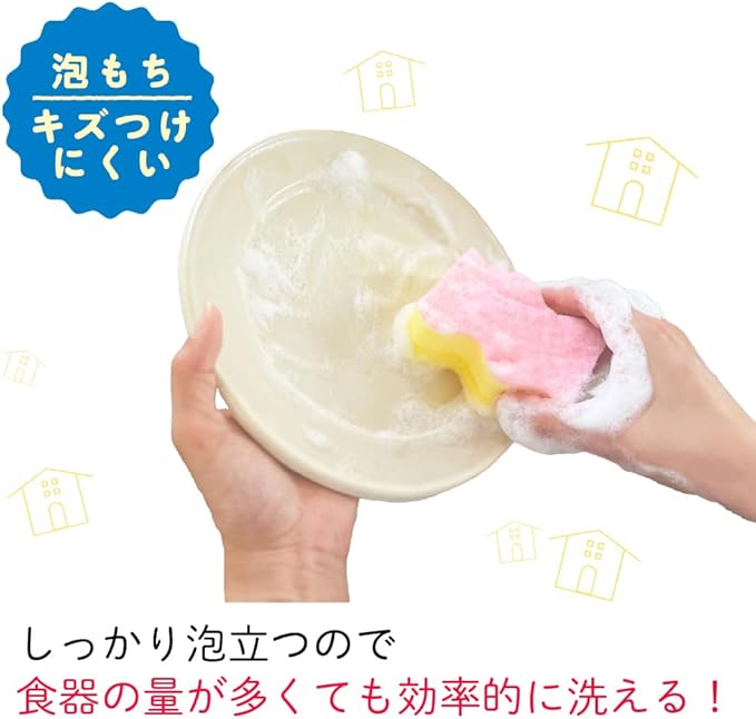Kikron Kitchen Sponges, for Bulk Washing, 1 x 4, Foam Moss, Scratch Resistant, Small Size, Easy to Grip, Wave Shape, Made in Japan, Loosen Scrubs