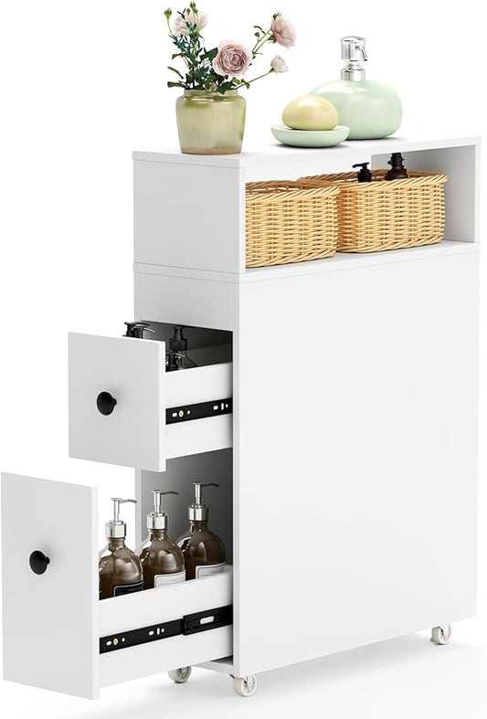 Tangkula Slim Bathroom Storage Cabinet, Movable Narrow Toilet Side Cabinet w/2 Slide Out Drawers, 2 Rattan Baskets & Shelves, Toilet Paper Holder on Wheels for Small Spaces