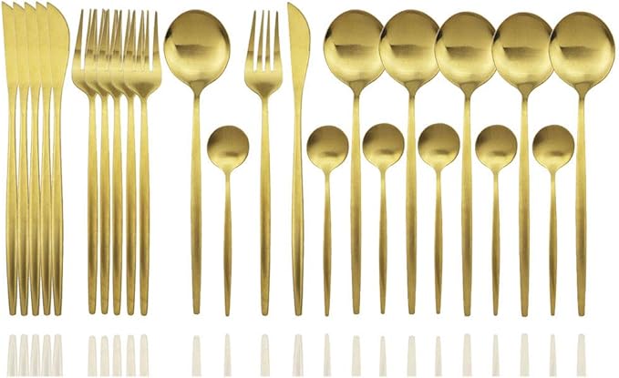 JASHII Kitchen Cutlery Set 24-piece Flatware Stainless Steel Silverware Metal Utensils Group Serves 6, Modern Elegant Tableware Set for Party, Christmas, Dinner(Matte gold)
