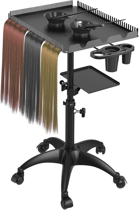 Hairstylist Rolling Cart, Salon Trolley With Storage Platform and Hair Separator Stand, Coloring Tray With Dye Bowls and Tools, Black