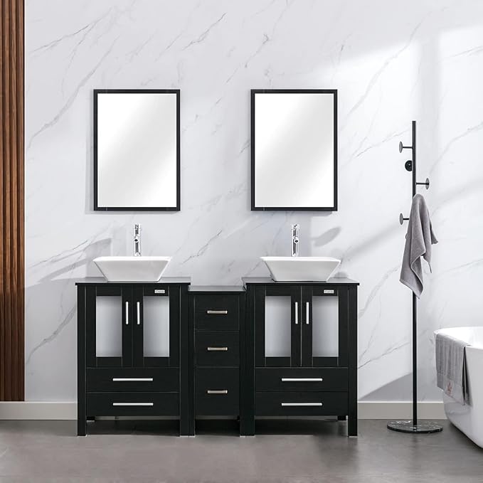 eclife 60" Modern Bathroom Vanity Sink Combo Freestanding Cabinet with Small Side Cabinet, White Square Ceramic Vessel Sink, Water Save Faucet, Drain (Black+A07)