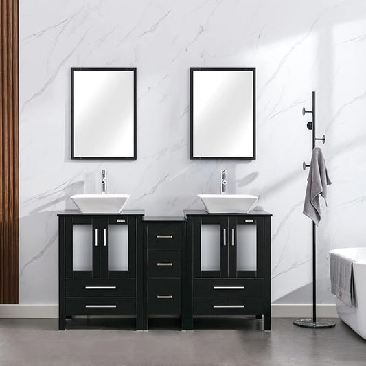 eclife 60" Modern Bathroom Vanity Sink Combo Freestanding Cabinet with Small Side Cabinet, White Square Ceramic Vessel Sink, Water Save Faucet, Drain (Black+A07)