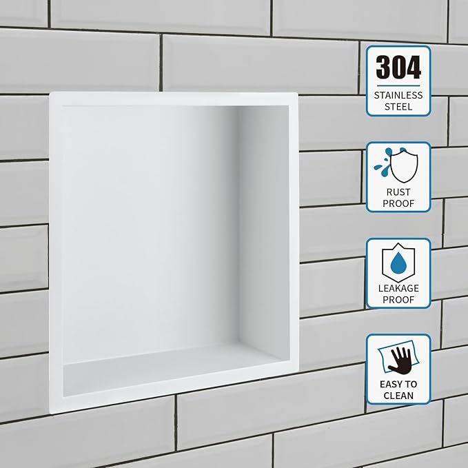 12"×12" Stainless Steel Shower Niche, Recessed Shower Caddy, Bathroom Shelf Insert Fits for 11"x11" Wall Hole Installation (Matte White)