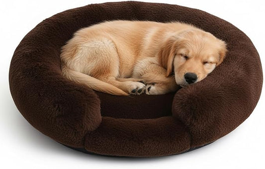 Fluffy Dog Bed Calming Donut Beds for Large Dogs Warming Round Small Medium Pet Nest Cozy Cat Mattress Indoor Washable Puppy Kennel Kittens Sleep Mat (M, 27.5×27.5 inch, Brown)