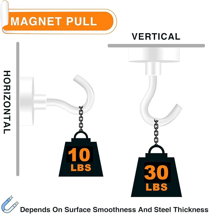 MIKEDE Strong Magnetic Hooks Heavy Duty, 30LB Rare Earth Neodymium Magnets with Hooks for Hanging, Strong Cruise Hooks for Kitchen, Home, Workplace, Office and Garage - (White, 6 Pack)
