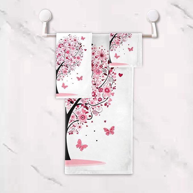 Pink Flowers Heart Tree Towels Set of 3 Romantic Love Spring Trees Butterfly Bathroom Towel Soft Absorbent Bath Hand Towels Washcloth Guest Towel Sets Mother's Valentine's Day Decorations