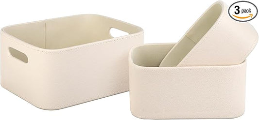 HofferRuffer Faux Leather Storage Baskets Bins with Velvet Lining for Organizing, Storage, Gifts, Set of 3 Nesting Shelf Baskets Decorative Storage Boxes for Home Organization (Cream White)
