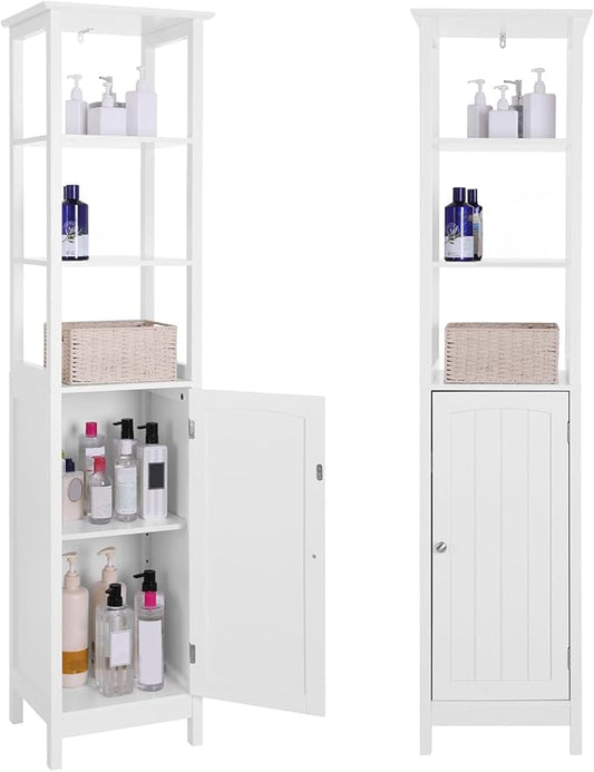 VASAGLE Storage Cabinet, Slim Linen Tower with Drawer and Door, for Living Room, Bathroom, 15.7 x 12.6 x 63 Inches, White UBBC63WT