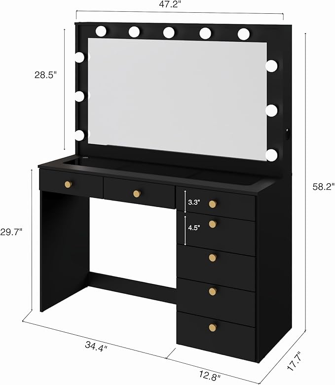Boahaus Serena White Makeup Vanity with Mirror and 11 Lights, 7 Drawers, Glass Top, Crystal Knobs, USB-A & USB-C Ports, 110V Power Outlet, Bedroom Vanity Desk (Black)
