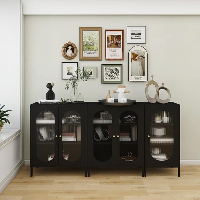 Black Metal Locker Storage Accent Cabinets with 2 Adjustable Shelves, 3 Tier Metal Storage Cabinet with Legs, Steel Cupboard Lockers for Kids Bedroom, Home, Office, Entryway, Kitchen